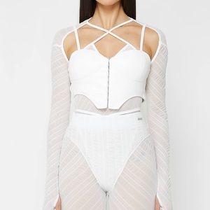 Maniere De Voir sheer bodysuit with white vegan leather corset